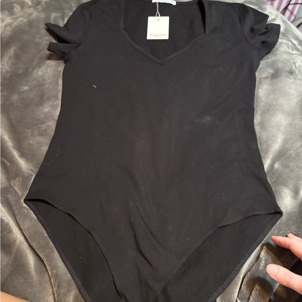 MangoPop Black Asymmetrical Cap Sleeve Bodysuit